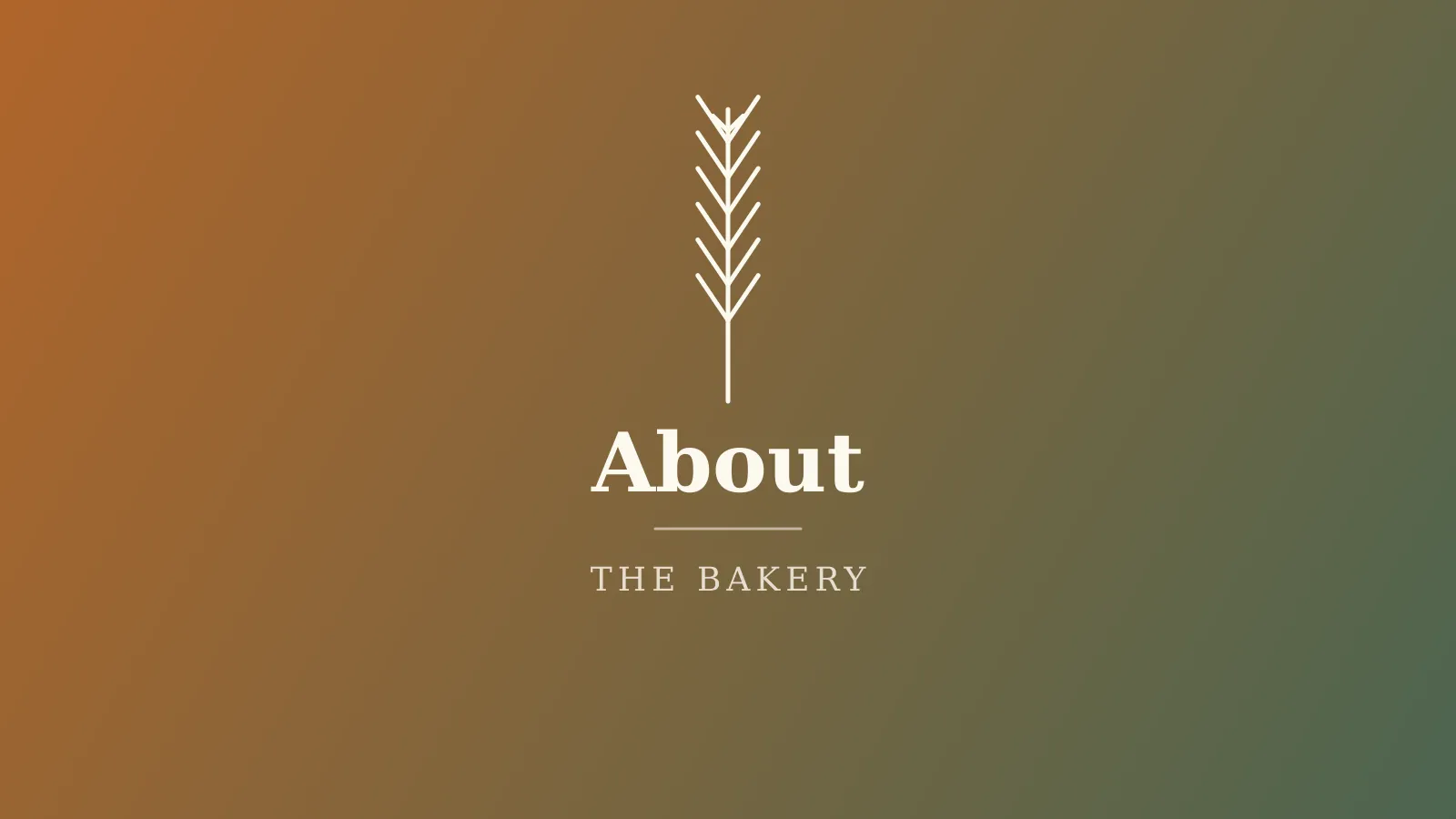 The Lift Shack Provisions 'About' banner — a warm maple-amber to forest-green gradient with a centered wheat-stalk crest above the serif wordmark 'About' and the tracked label 'THE BAKERY'.